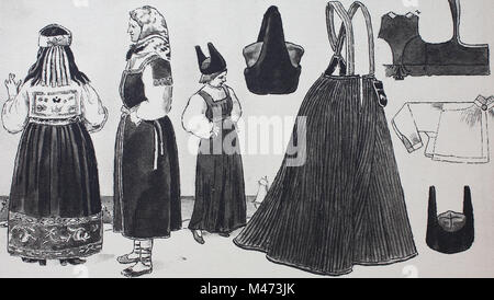 Fashion, costumes, clothes in the Baltic countries, 18th-19th century, from the left, a woman from Estonia, then a Finnish farmer's wife from the Gouverment St. Petersburg, then a girl from the island of Ösel, then parts of the costume, a horn cap, partial view of the Sarafan, a shirt skirt with straps, and a camisole, digital improved reproduction from an original from the year 1900 Stock Photo