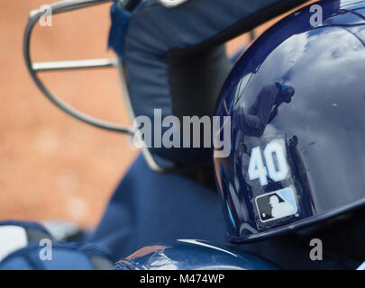 Port Charlotte, Florida, USA. 14th Feb, 2018. CHRIS URSO | Times.Tampa Bay Rays catcher Wilson Ramos is reflected in his helmet Wednesday, Feb. 14, 2018 in Port Charlotte. Pitchers and catchers held their first workout together signaling the start of spring training for Rays Wednesday. Credit: Chris Urso/Tampa Bay Times/ZUMA Wire/Alamy Live News Stock Photo