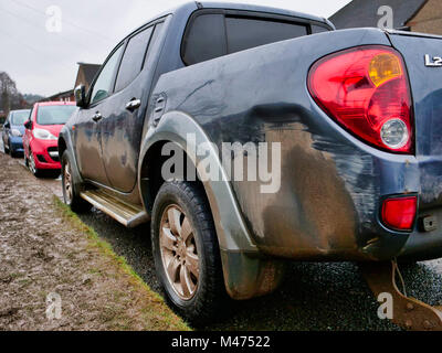 Ashbourne, UK. 14th February, 2018. Cars damaged by the scrum during Ashbourne Royal Shrovetide hugball Football match Ash Wednesday 14th February 2018. Ye Olde & Ancient Medieval hugball game is the forerunner to football. It's played between two teams, the Up'Ards & Down'Ards separated by the Henmore Brook river. The goals are 3 miles apart at Sturston Mill & Clifton Mill. Credit: Doug Blane/Alamy Live News Stock Photo