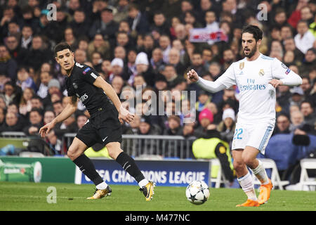 Madrid, Spain. 14th Feb, 2018. Isco (midfielder; Real Madrid) in action during the UEFA Champions League match between Real Madrid and Paris Saint-Germain at Santiago Bernabeu on February 14, 2018 in Madrid, Spain Credit: Jack Abuin/ZUMA Wire/Alamy Live News Stock Photo