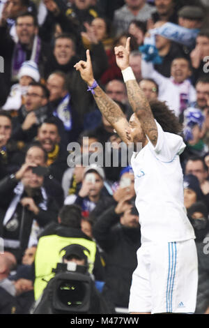 Madrid, Spain. 14th Feb, 2018. Marcelo (defender; Real Madrid) in action during the UEFA Champions League match between Real Madrid and Paris Saint-Germain at Santiago Bernabeu on February 14, 2018 in Madrid, Spain Credit: Jack Abuin/ZUMA Wire/Alamy Live News Stock Photo