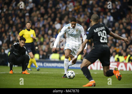 Madrid, Madrid, Spain. 14th Feb, 2018. Varane (Real Madrid) in action during the UEFA Champions league round of 16 match first leg football match between Real Madrid and Paris Saint Germain at Santiago Bernabeu stadium in Madrid. Credit: Manu Reino/SOPA/ZUMA Wire/Alamy Live News Stock Photo