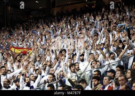 Madrid, Madrid, Spain. 14th Feb, 2018. Real Madrid fans seen during the UEFA Champions league round of 16 match first leg football match between Real Madrid and Paris Saint Germain at Santiago Bernabeu stadium in Madrid. Credit: Manu Reino/SOPA/ZUMA Wire/Alamy Live News Stock Photo