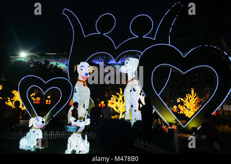 Jenjarom, Malaysia. 14th February, 2018.   Chinese garden decorations with lanterns are seen at Fo Guang Shan Dong Zen temple for the upcoming Chinese New Year celebration in Jenjarom outside Kuala Lumpur on February 14, 2018. The Chinese Lunar New Year on February 16 will welcome the Year of the dog (also known as the Year of the Earth Dog). Credit: Samsul Said/AFLO/Alamy Live News Stock Photo