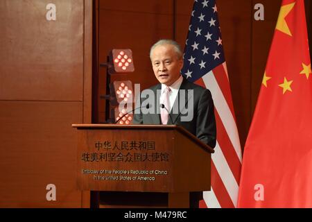 Washington, DC, USA. 13th Feb, 2018. Chinese Ambassador to the United States Cui Tiankai speaks at the Embassy of the People's Republic of China in the United States of America during a Chinese New Year celebration reception in Washington, DC, the United States, on Feb. 13, 2018. Credit: Yang Chenglin/Xinhua/Alamy Live News Stock Photo