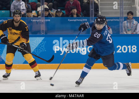 Gangneung, South Korea. 14th Feb, 2018. EELI TOLVANEN of Finland scores against Germany during Ice Hockey: Men's Preliminary Round - Group C at Gangneung Hockey Centre during the 2018 Pyeongchang Winter Olympic Games. Credit: Mark Avery/ZUMA Wire/Alamy Live News Stock Photo