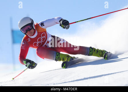 Pyeongchang, South Korea. 15th Feb, 2018. Simone Wild from Switzerland in action during the women's alpine skiing event of the 2018 Winter Olympics in the Yongpyong Alpine Centre in Pyeongchang, South Korea, 15 February 2018. Credit: Michael Kappeler/dpa/Alamy Live News Stock Photo