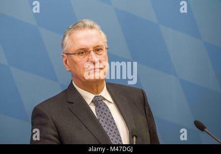 Munich, Bavaria, Germany. 15th Feb, 2018. Herbert Kickl of AustriaÃ¢â‚¬â„¢s extreme-right co-ruling party the FPÃƒ''“ arrived in Munich Thursday morning to meet with Bavarian Interior Minister Joachim Herrmann at the Staatsministerium. Among the topics discussed were optimized border controls, intensive police cooperation across the Bavarian-Austrian border, and toll-free travel for German service vehicles in Austria (Einsatzfahrzeuge). The press conference coincides with an announcement by Bavarian Minister-President SÃƒÂ¶der of a new border police (Grenzpolizei) in Bavaria that will b Stock Photo