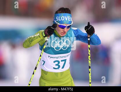 Pyeongchang, South Korea. 15th Feb, 2018. Alenka Cebasek (SLO). Womens 10km individual. Cross country skiing. Alpensia cross-country skiing centre. Pyeongchang2018 winter Olympics. Alpensia. Republic of Korea. 15/02/2018. Credit: Sport In Pictures/Alamy Live News