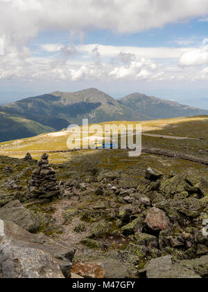 Looking north from the top of Mt. Washington including the Mt. Washington Cog Railway train, Sargent's Purchase, New Hampshire, USA. Stock Photo