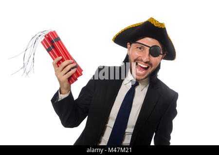 Pirate in black suit holding bomb isolated on white Stock Photo