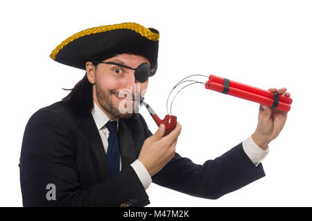 Pirate businessman with smoking pipe and detonator isolated on w Stock Photo