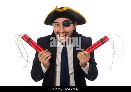 Pirate in black suit holding bomb isolated on white Stock Photo