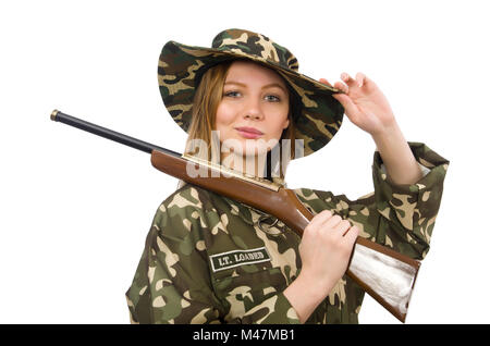 Girl in military uniform holding the gun isolated on white Stock Photo