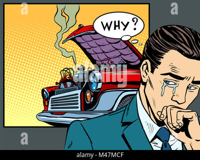 man weeps car broke down Stock Photo