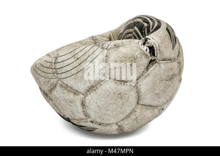Old torn soccer ball, isolated on white background Stock Photo