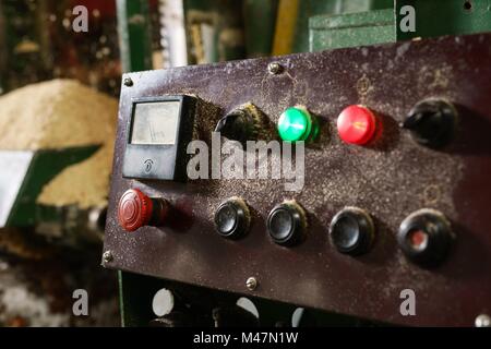 At sawmill. Control panel with luminous indicators Stock Photo