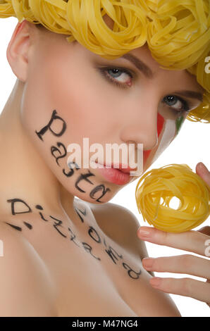 Beautiful woman with pasta and symbols of Italy Stock Photo