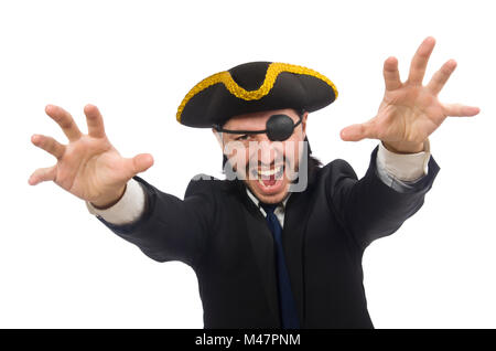 Pirate businessman wearing tricorn isolated on white Stock Photo