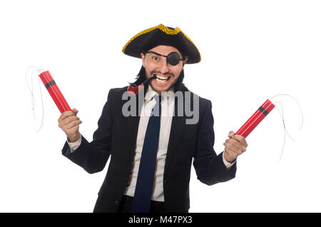 Pirate businessman with smoking pipe and detonator isolated on w Stock Photo