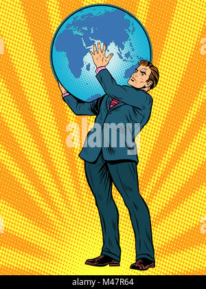 Businessman Titan Atlas holds the Earth Stock Photo