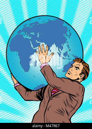 Businessman Titan Atlas holds the Earth Stock Photo