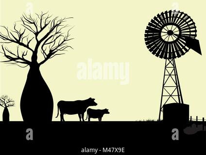 wind mill  boab trees and cows silhouette with yellow background Stock Vector