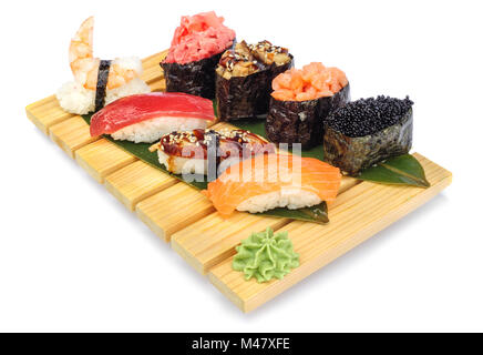 Sushi set of rolls on bamboo board Stock Photo