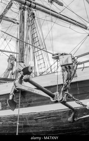 Anchor and rigging of an old sailboat, close-up Stock Photo