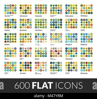 Large icons set, 600 flat color vector pictogram with round Stock Vector