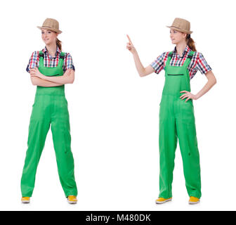 Collage of woman wearing green coveralls isolated on white Stock Photo