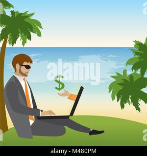 Freelancer dressed in business suit sitting under a palm tree on the beach and works ,vector illustration Stock Vector