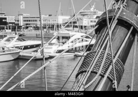 Blocks and rigging at the old sailboat, close-up Stock Photo