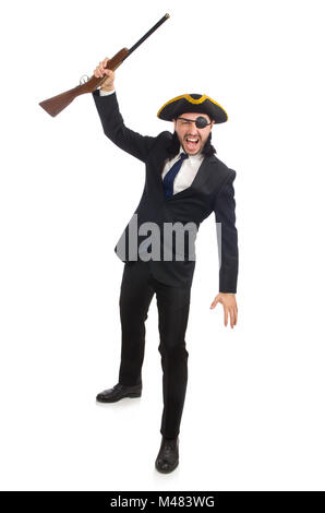 Pirate businessman holding weapon isolated on white Stock Photo