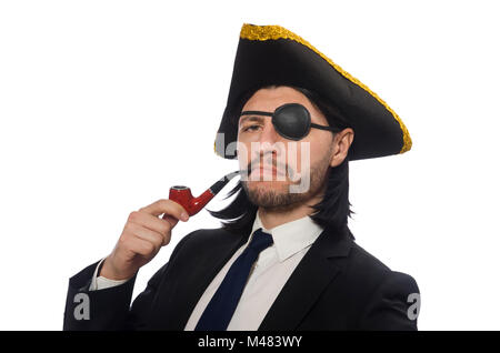 Pirate businessman with smoking pipe isolated on white Stock Photo