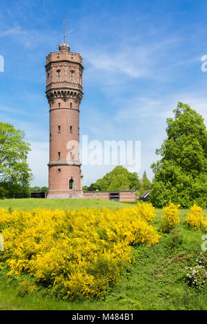Dutch stone water tower with blooming yellow flowers Stock Photo