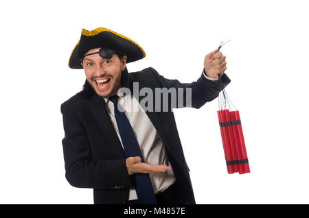 Pirate in black suit holding bomb isolated on white Stock Photo