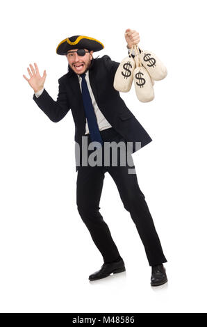 Pirate businessman holding money bags isolated on white Stock Photo