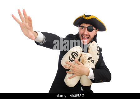 Pirate businessman holding money bags isolated on white Stock Photo