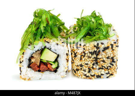 Maki sushi, two rolls isolated on white