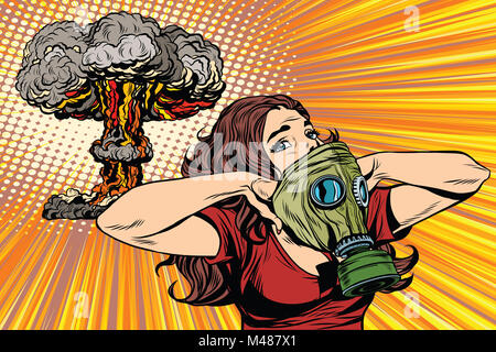 Nuclear explosion radiation hazard gas mask girl Stock Photo