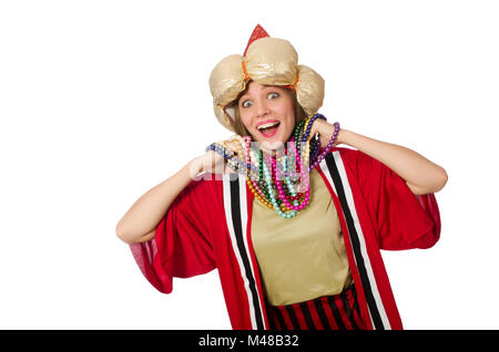 Woman wizard in red clothing isolated on white Stock Photo