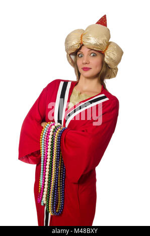 Woman wizard in red clothing isolated on white Stock Photo