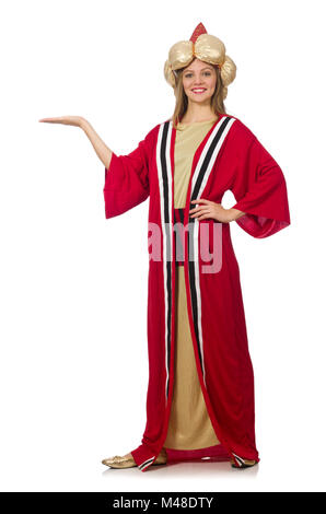 Woman wizard in red clothing isolated on white Stock Photo