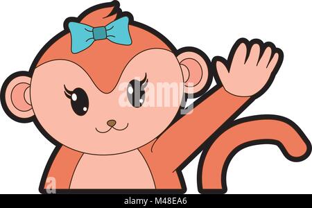 full color adorable female monkey animal with hand up Stock Vector