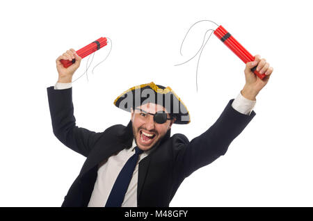 Pirate in black suit holding bomb isolated on white Stock Photo