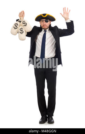 Pirate businessman holding money bags isolated on white Stock Photo