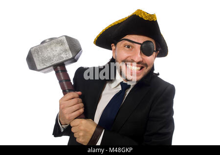 Pirate businessman holding hammer isolated on white Stock Photo