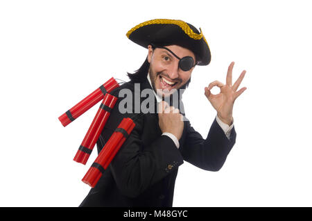Pirate in black suit holding bomb isolated on white Stock Photo