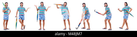 Positive man with colorful umbrella isolated on white Stock Photo - Alamy